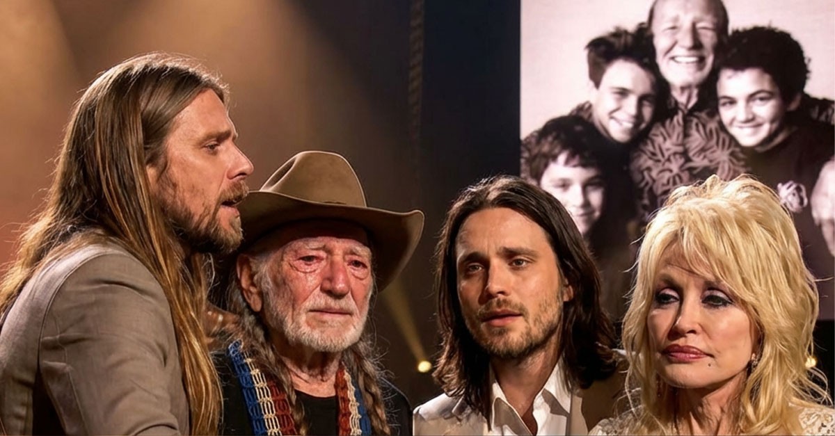 A poignant moment: Lukas and Micah Nelson pay tribute to their father on stage.